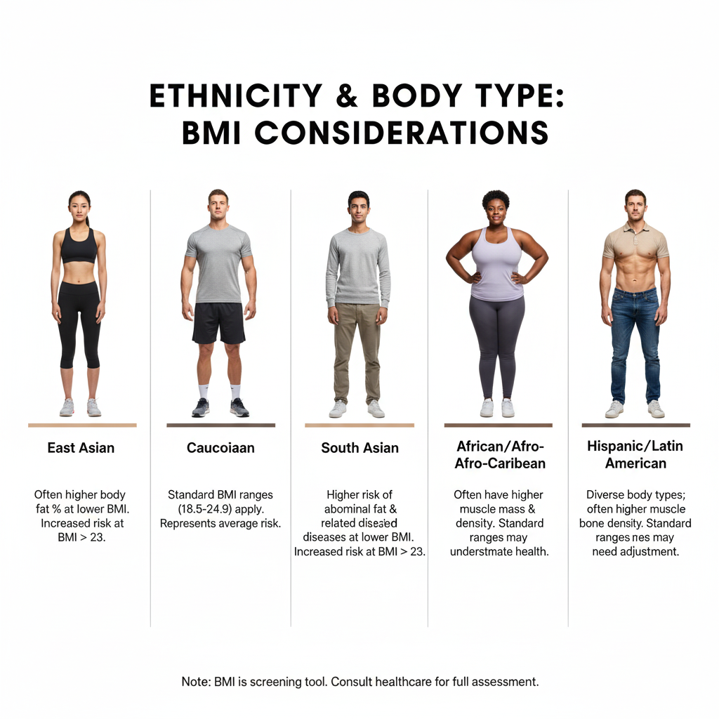 Visual representation of different body types across ethnicities with their associated BMI considerations